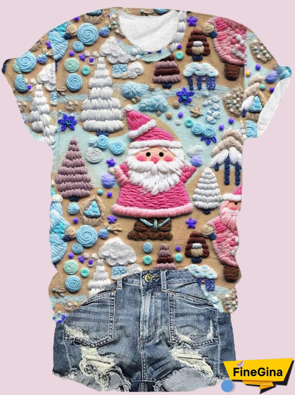 Women's Pink Santa Print Short Sleeve T-Shirt