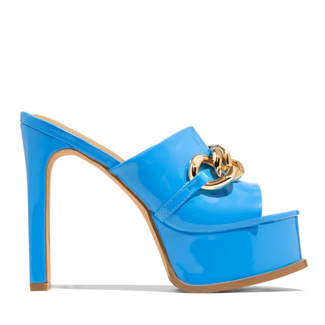 Blue  Opened Round Toe Platform Mules With Gold Chain Decor High Chunky Heels Nicepairs