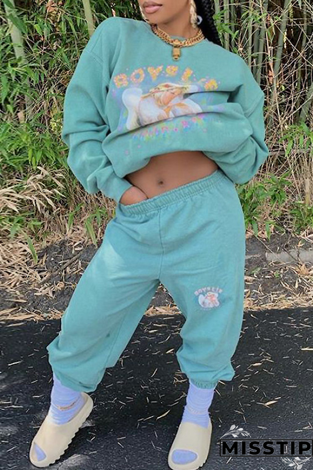 Black Casual Print Patchwork O Neck Long Sleeve Two Pieces