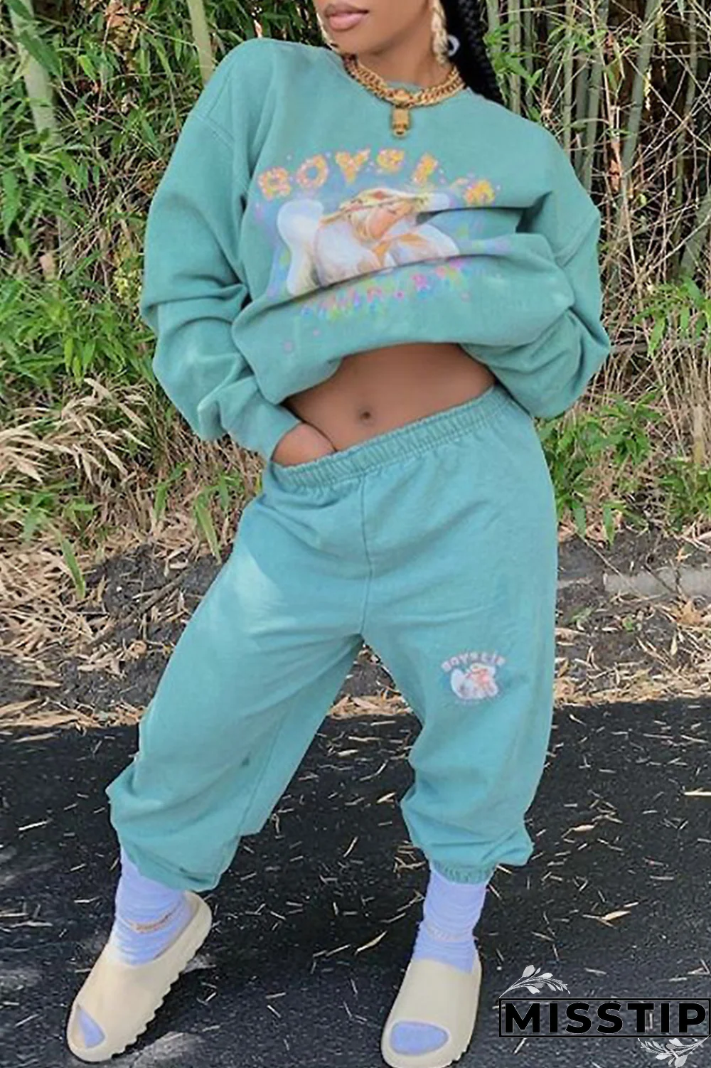 Black Casual Print Patchwork O Neck Long Sleeve Two Pieces