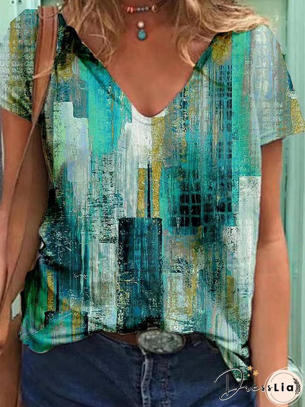 Casual Floral-Print Geometric V Neck T-shirt