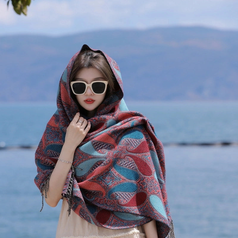 Yunnan Lijiang Tourism New Shawl Ethnic Style Scarf Women’s Retro Cape Thickened Cashmere Scarf