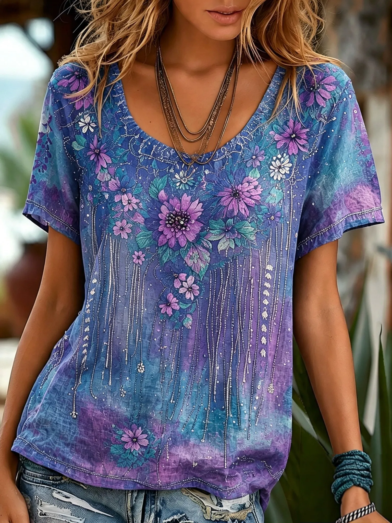 Comstylish Women's Retro Bohemian Floral Print Cotton Linen T-shirt