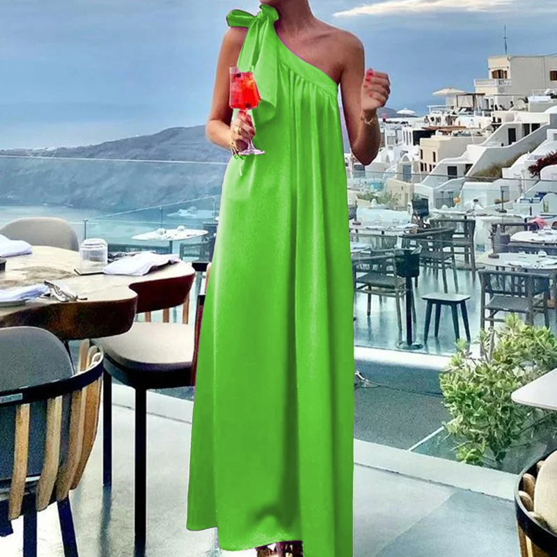 Woherb Woherb Spot 2024 Women's Fashion Satin Sleeveless Diagonal Collar Medium Long Holiday Dress-Outfit Ideas
