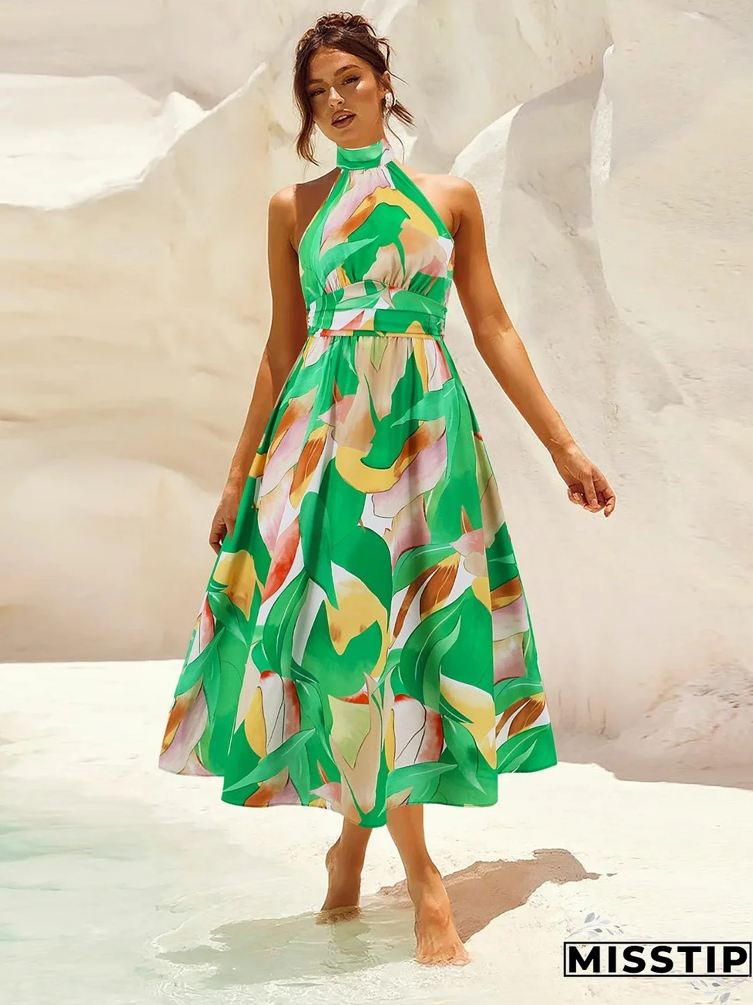 Ruched Printed Halter Neck Sleeveless Dress