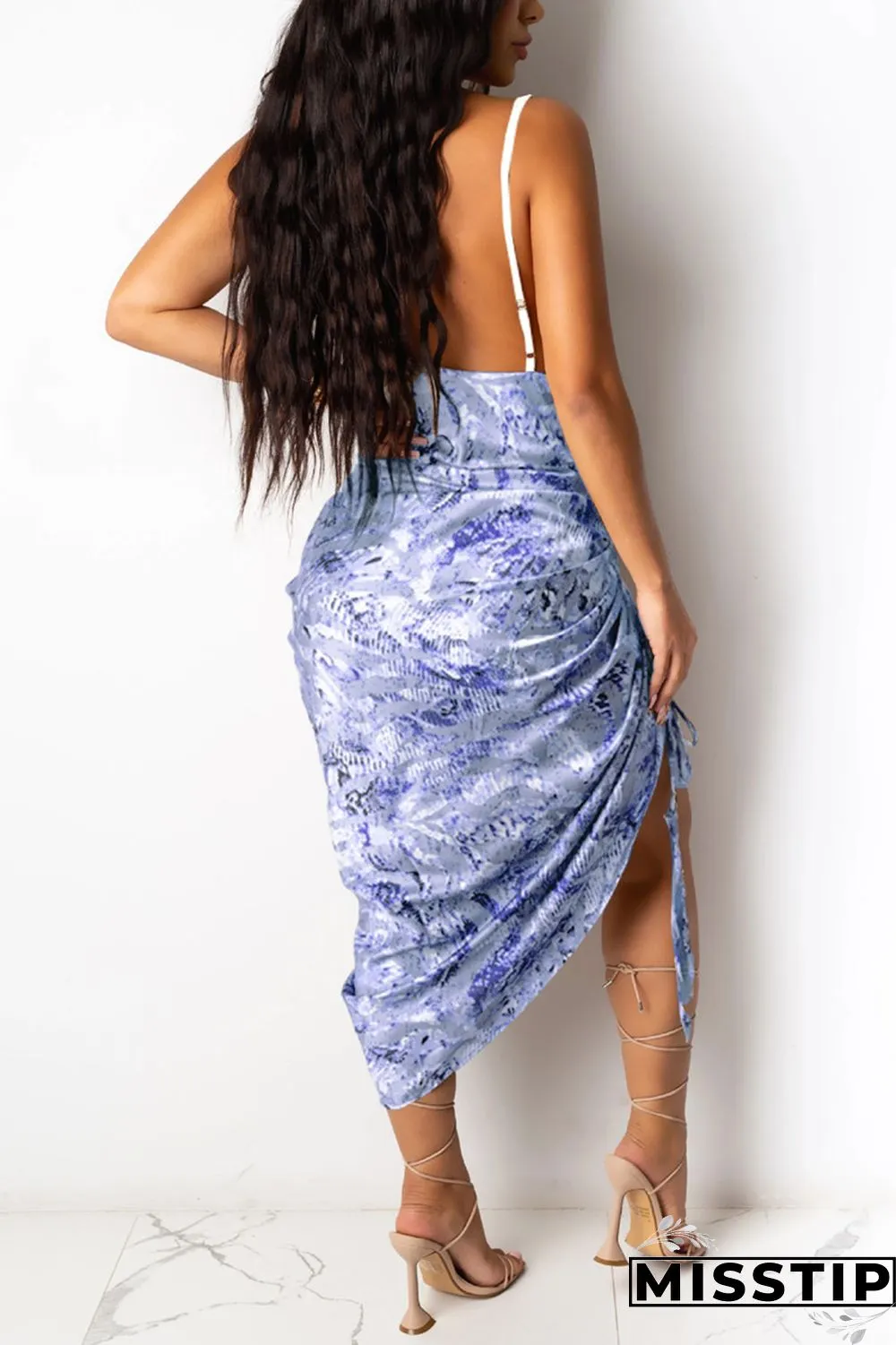 Light Blue Fashion Sexy Print Draw String Backless Spaghetti Strap Sling Dress