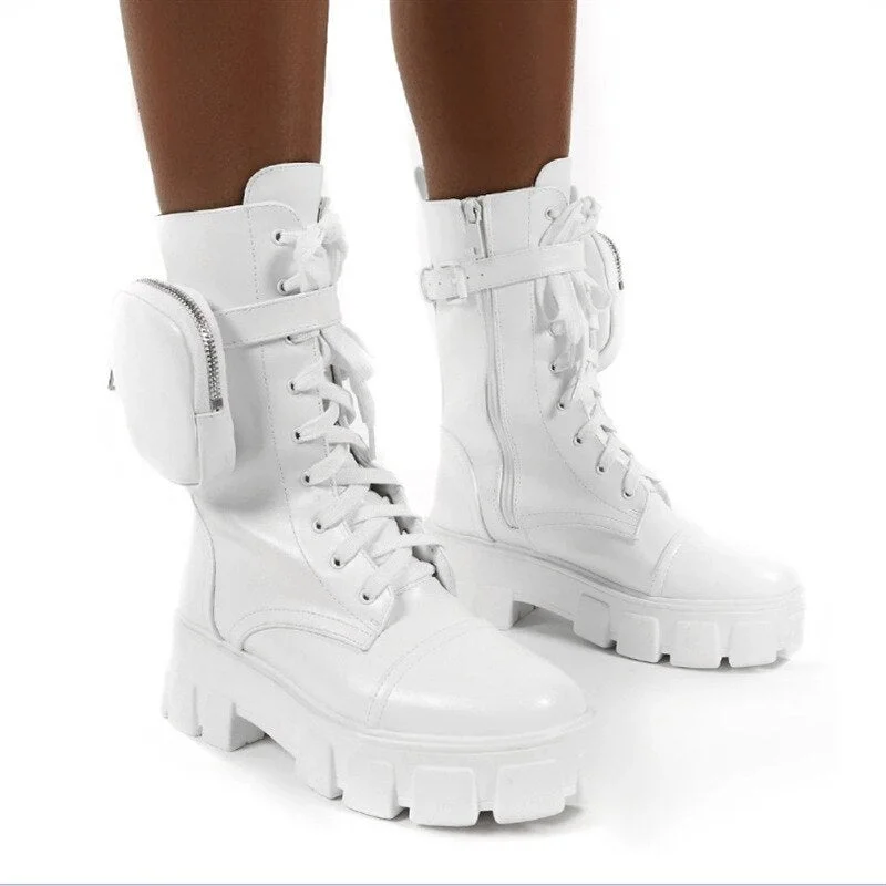 Women Pocket Boot Lace Up Ladies Ankle Boots Female Buckle Strap blue Chunky Sole Pouch Ankle Boots Woman Platform Shoe Fashion