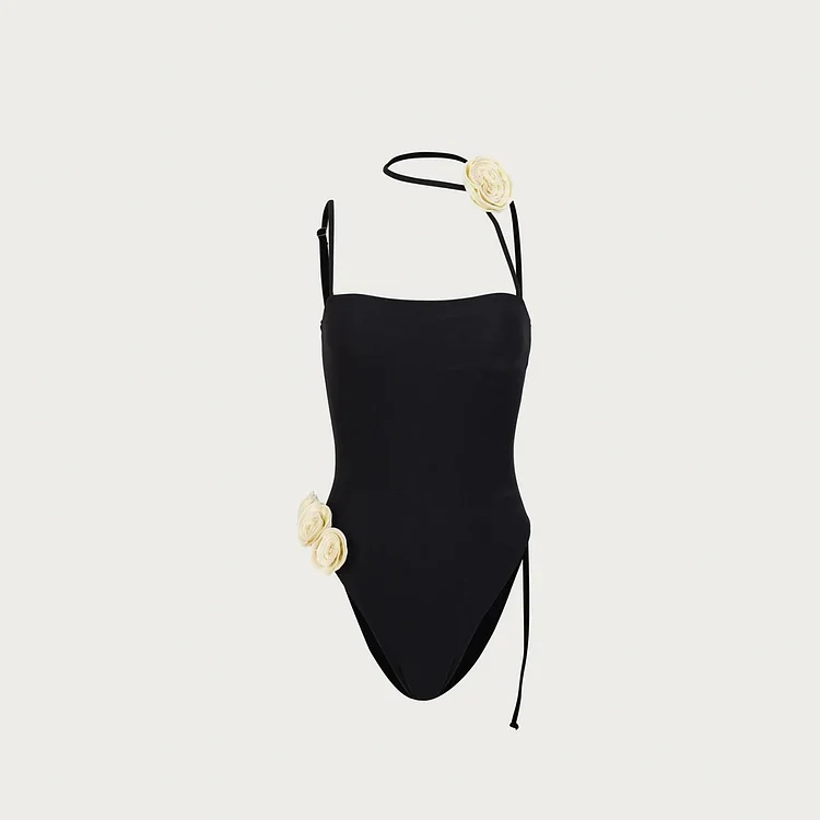3D Flower Black One Piece Swimsuit