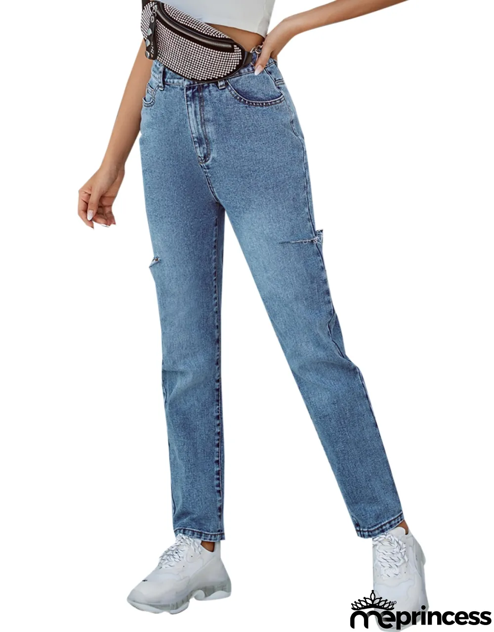 Stylish Blue Ripped High Waist Regular Jeans