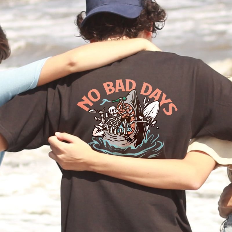 No Bad Days Skeleton And Shark Printed T-shirt