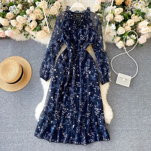 Fitaylor 2021 New Autumn Women Print Dresses Elegant Puff Sleeve Ruffles Hem Lace Up O Neck High Waist Blue Ladies Dresses