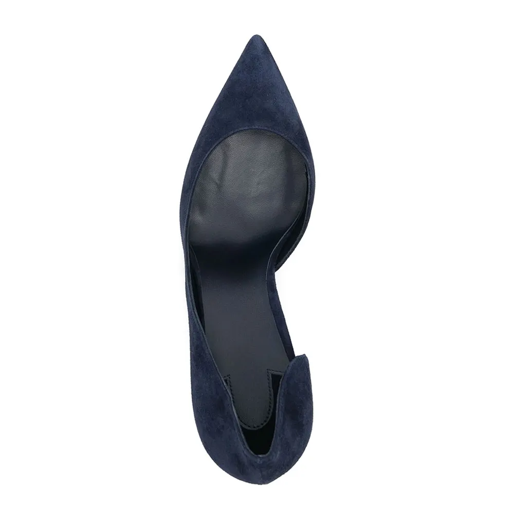 Vegan Suede Closed Pointed Toe Slip On D'Orsay Navy Blue Heels