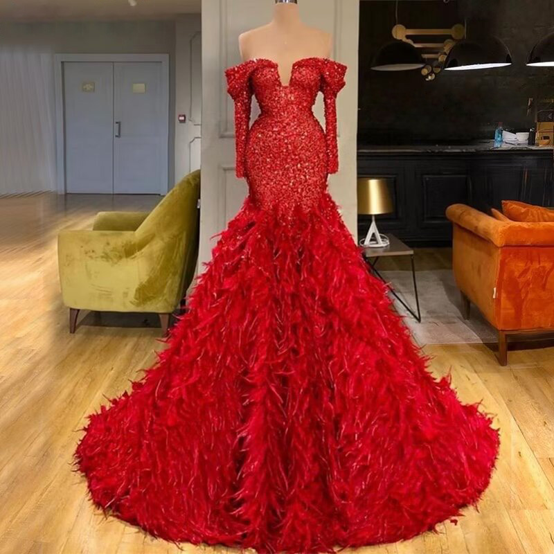 Oknass Charming Sequins Red Off the Shoulder Long Sleeves Long Prom Dress with Feathers