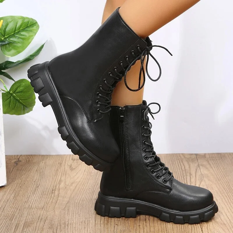Breakj Black White Platform Ankle Boots for Women Thick Bottom Punk Motorcycle Boots Woman Plus Size Pu Leather Botas Mujer 43
