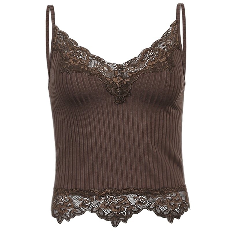HEYounGIRL Patchwork Lace Brown Crop Top Summer V Neck Sexy Sleeveless Cami Tops Tees 90s Backless Spaghetti Strap Top 2021