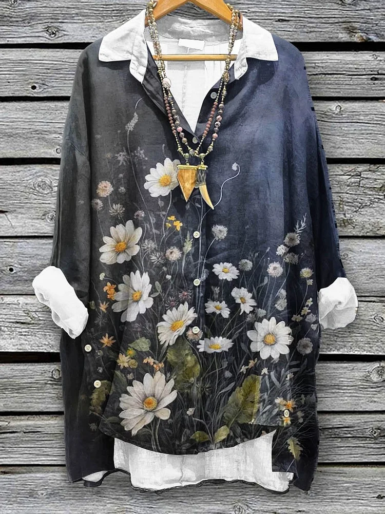 Women's Vintage Flower Pattern Art Print Casual Cotton And Linen Shirt