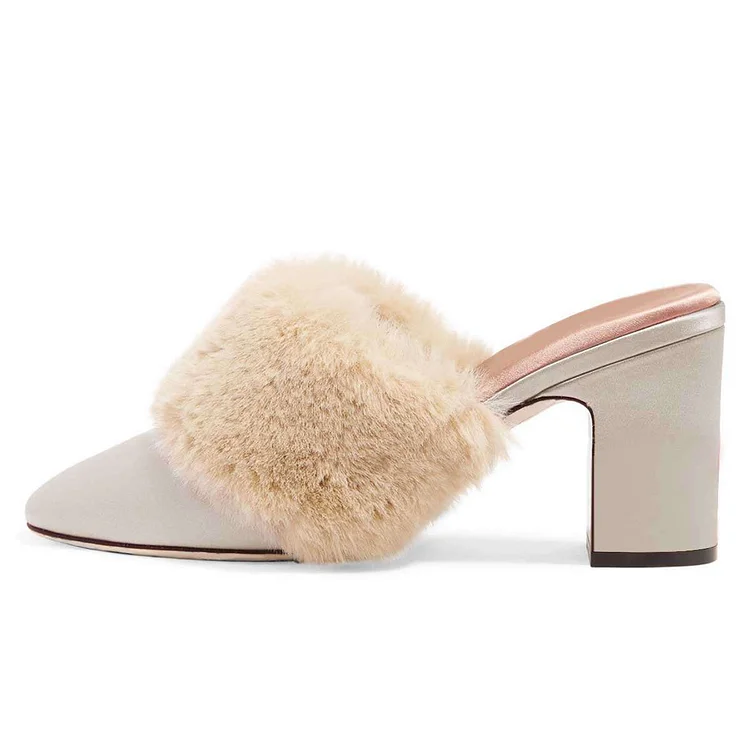 Beige Fur Trending Chunky Heel Round Toe Mules Vdcoo