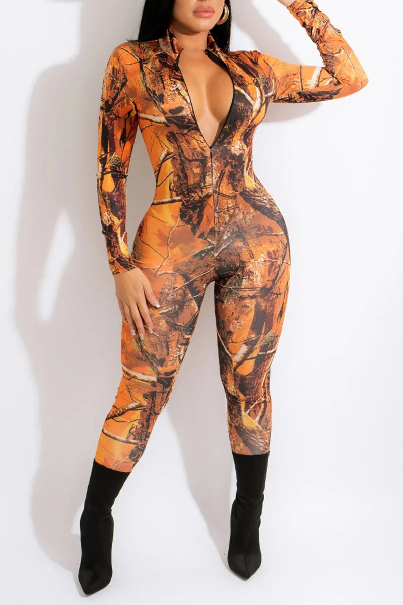Sexy Print Split Joint Zipper Zipper Collar Regular Jumpsuits