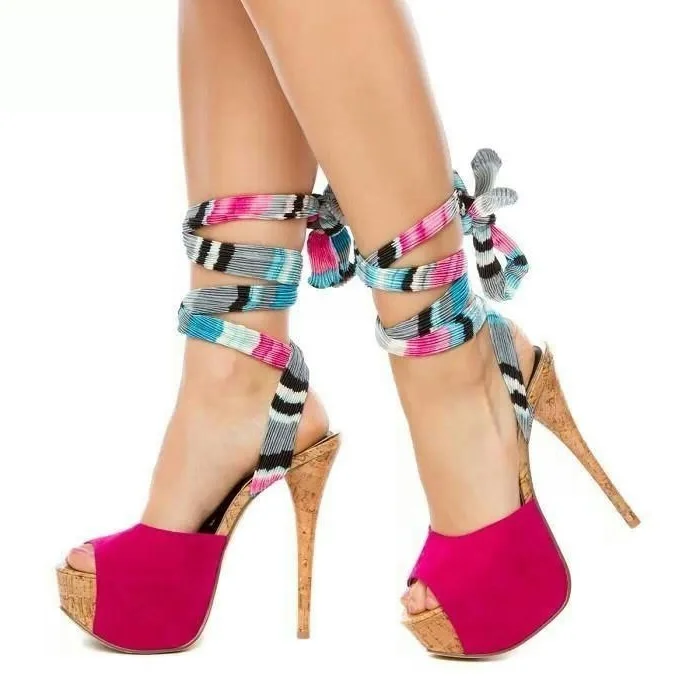 Pink Peep Toe Platform Sandals Stiletto Heels Strappy Sandals |FSJ Shoes