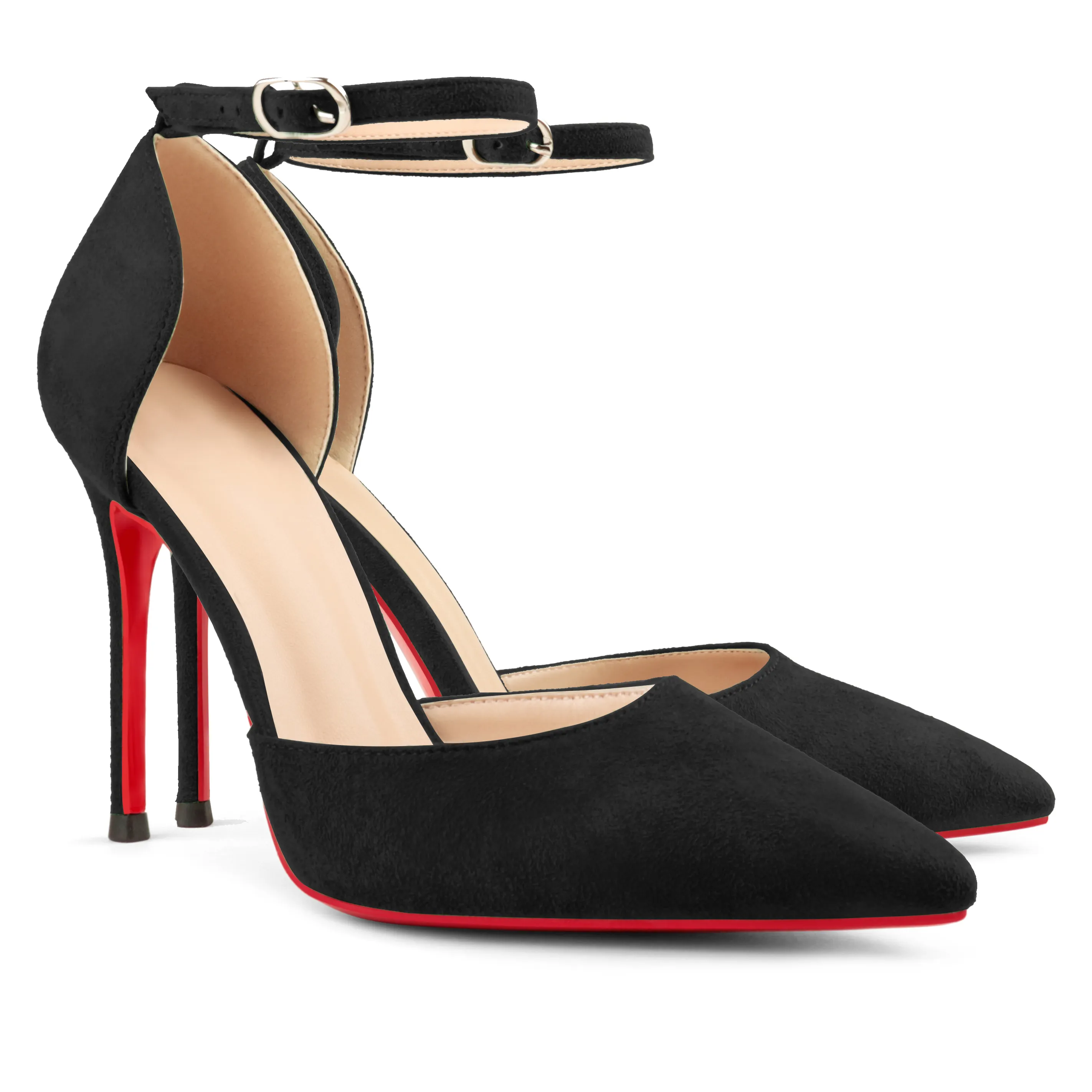 100mm Women&rsquo;s High Heels Ankle Strap Pointed Toe Suede Pumps Wedding Party  Sandals-vocosishoes