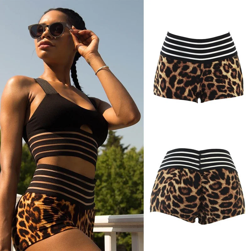 Churchf Churchf Sports Women's Pants Leopard Print Stitching Striped Waistband Waist And Hip Shorts