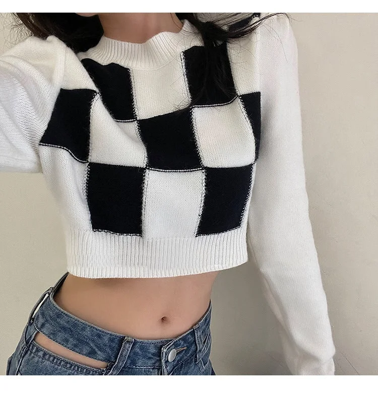 Chessboard Plaid Half High Neck Sweater | EGEMISS