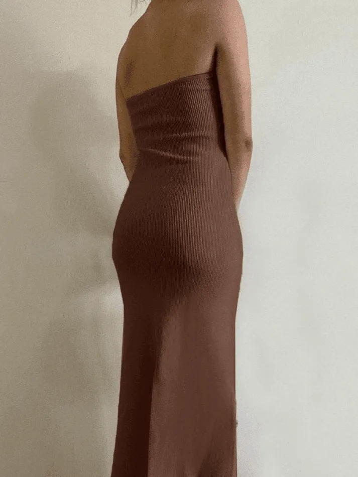 Brownm Knitted Twist Strapless Maxi Dress