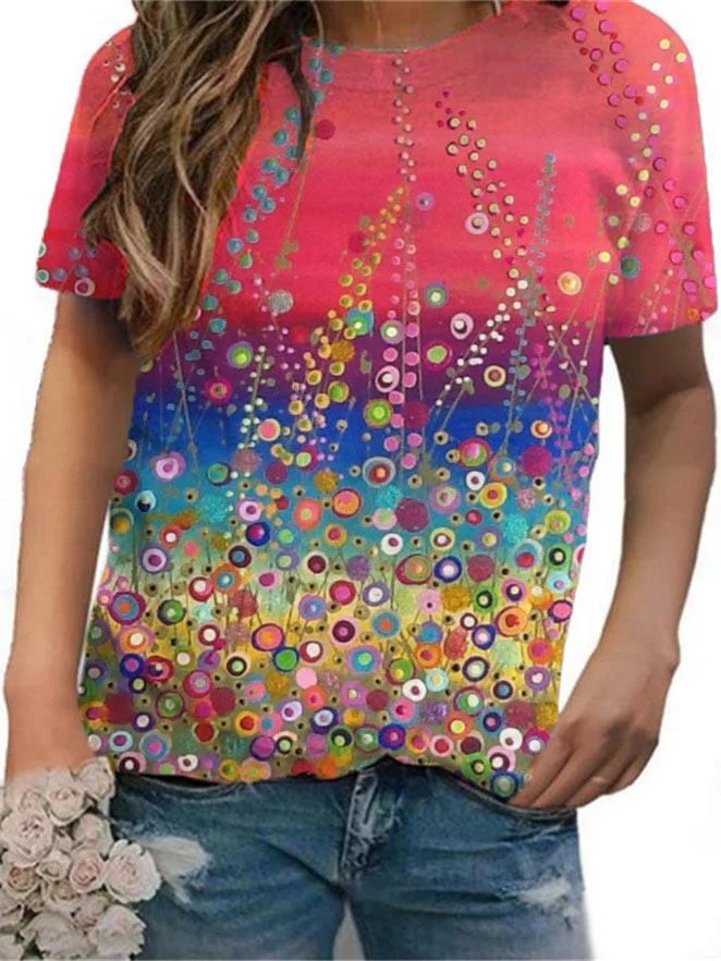 Women Short Sleeve Round Neck Gradient Floral Printed Tops