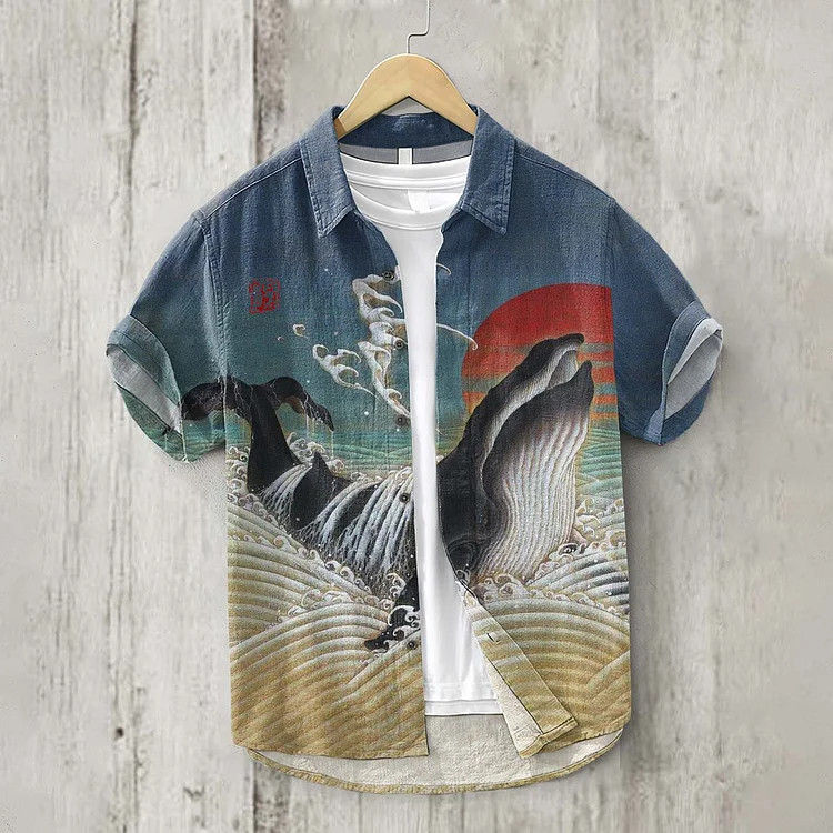 Comstylish Vintage Japanese Art Whale Linen Blend Shirt
