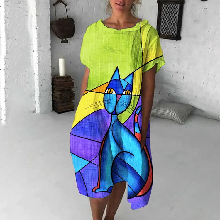 Abstract Cat Print Midi Dress