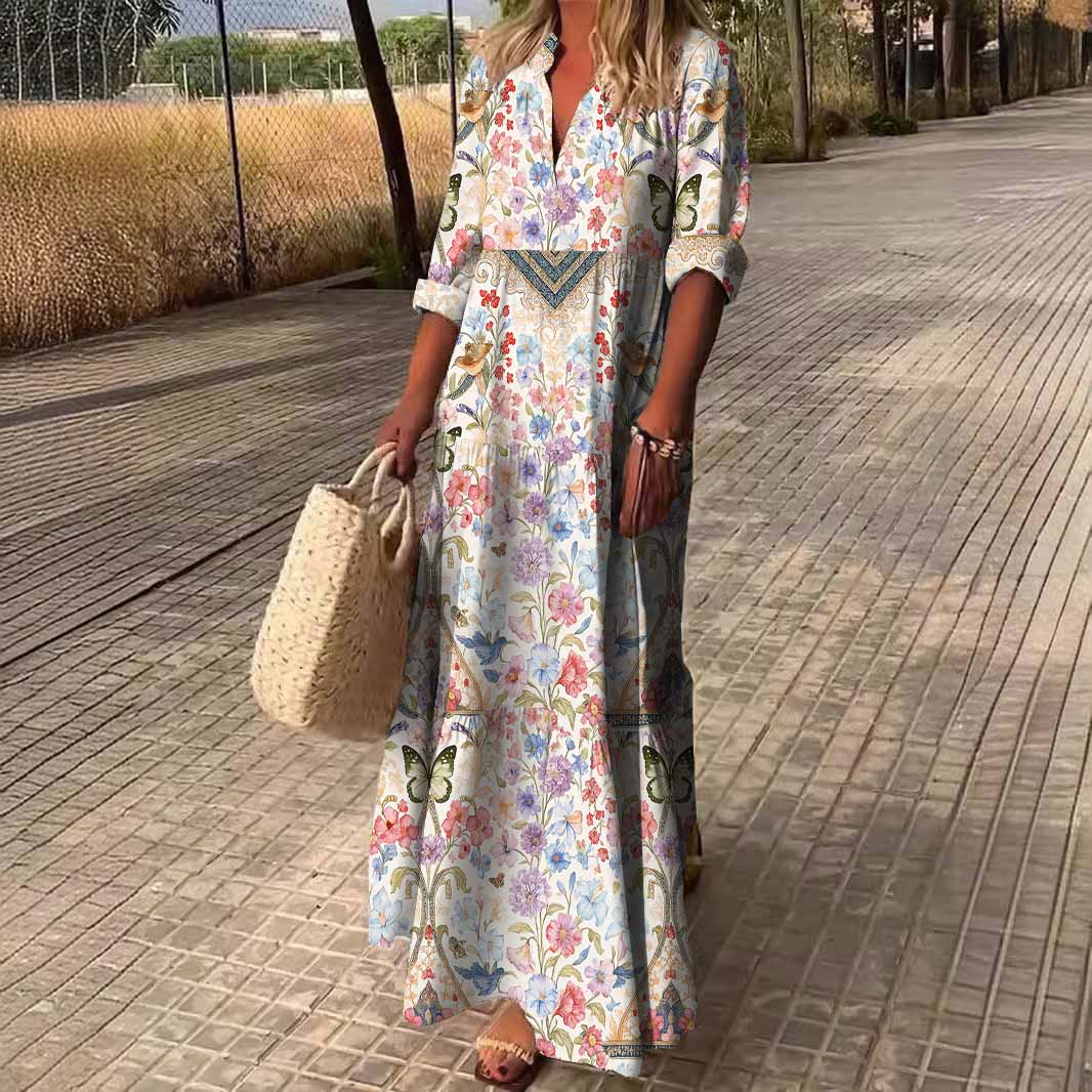 Women Floral,Butterfly,Yellow,Red DZDN0259 SPU Printed Long Sleeve V-neck Maxi Dress