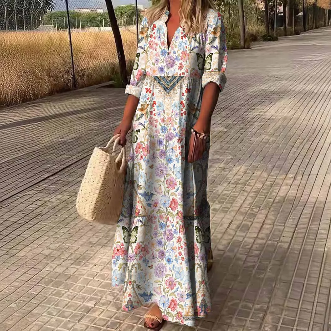 Women Floral,Butterfly,Yellow,Red DZDN0259 SPU Printed Long Sleeve V-neck Maxi Dress