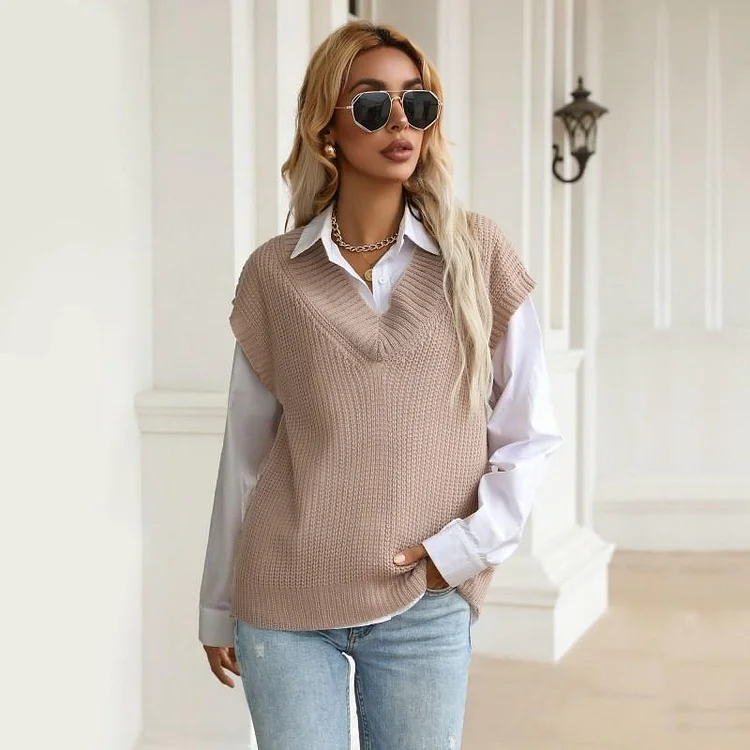 Mayoulove Knitted Sweater for Women Sleeveless Solid Color Oversized Sweater Vest-Mayoulove