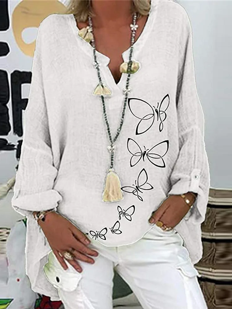 Casual Butterfly V Neck Button Long Sleeve Blouse