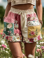 Women's Holiday Patchwork Floral Contrast Color Belt Pocket Shorts