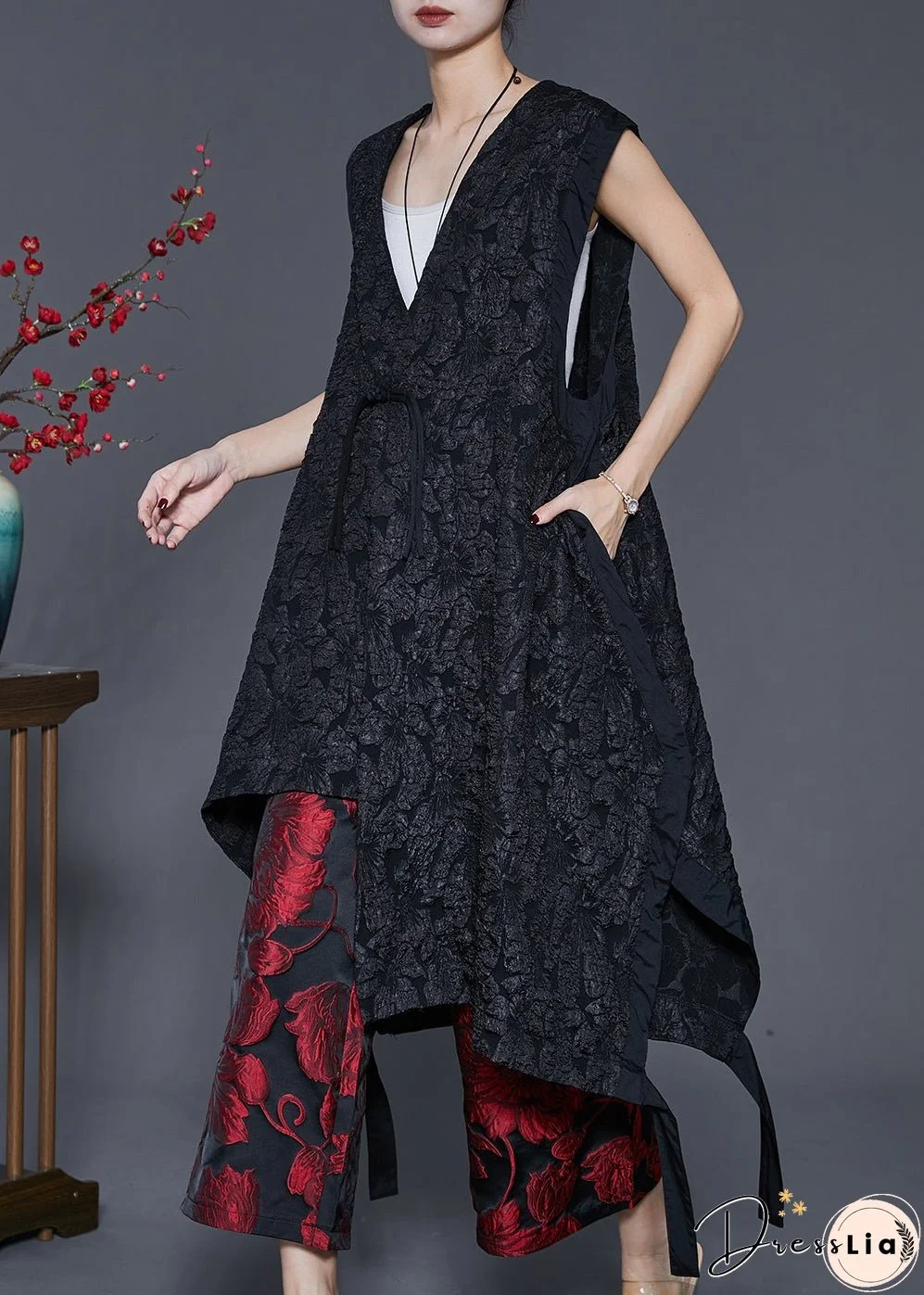 Original Design Black Asymmetrical Jacquard Two Pieces Set Spring