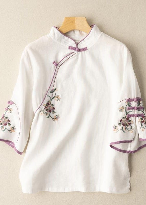 Casual White Embroideried Button Blouse Tops Half Sleeve CK831- Fabulory