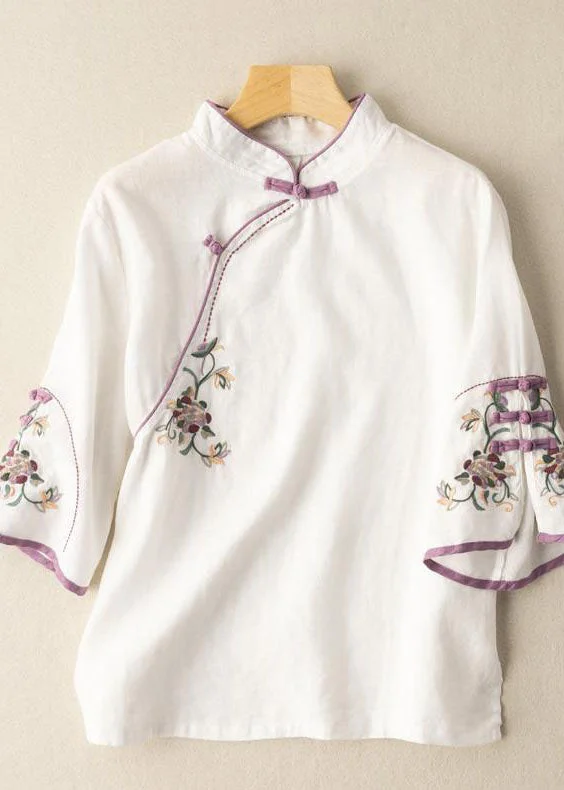Casual White Embroidered Button Blouse Tops Half Sleeve