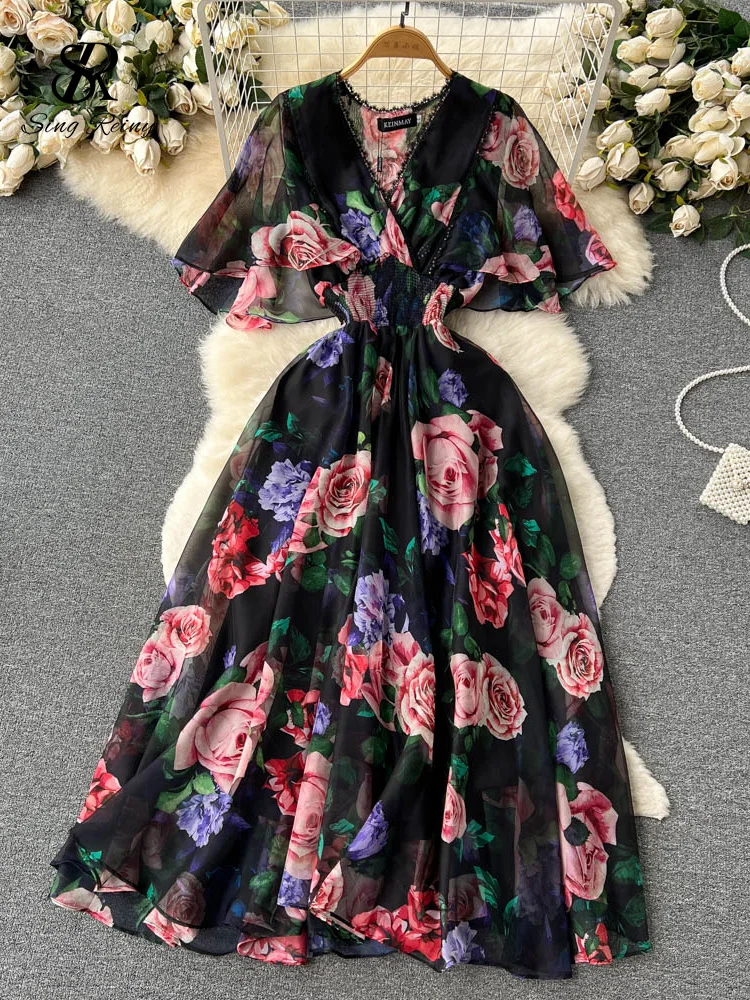 Huibahe 2024 Print Chiffon Dress Summer V Neck Elastic Sheath Long Temperament Butterfly Sleeve Fashion Floral Beach Dress