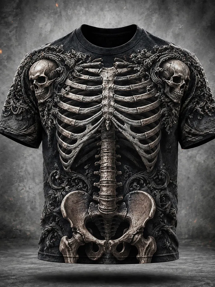 Men's Retro Gothic Skull Decorated Floral Carved Print Short-sleeve T-shirt