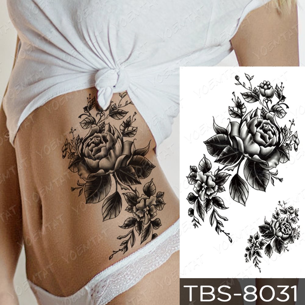 Gingf Temporary Tattoo Sticker Flower Peony Rose Sketches Flash Tattoos Black Henna Body Art Arm Fake Tatoo Women Men