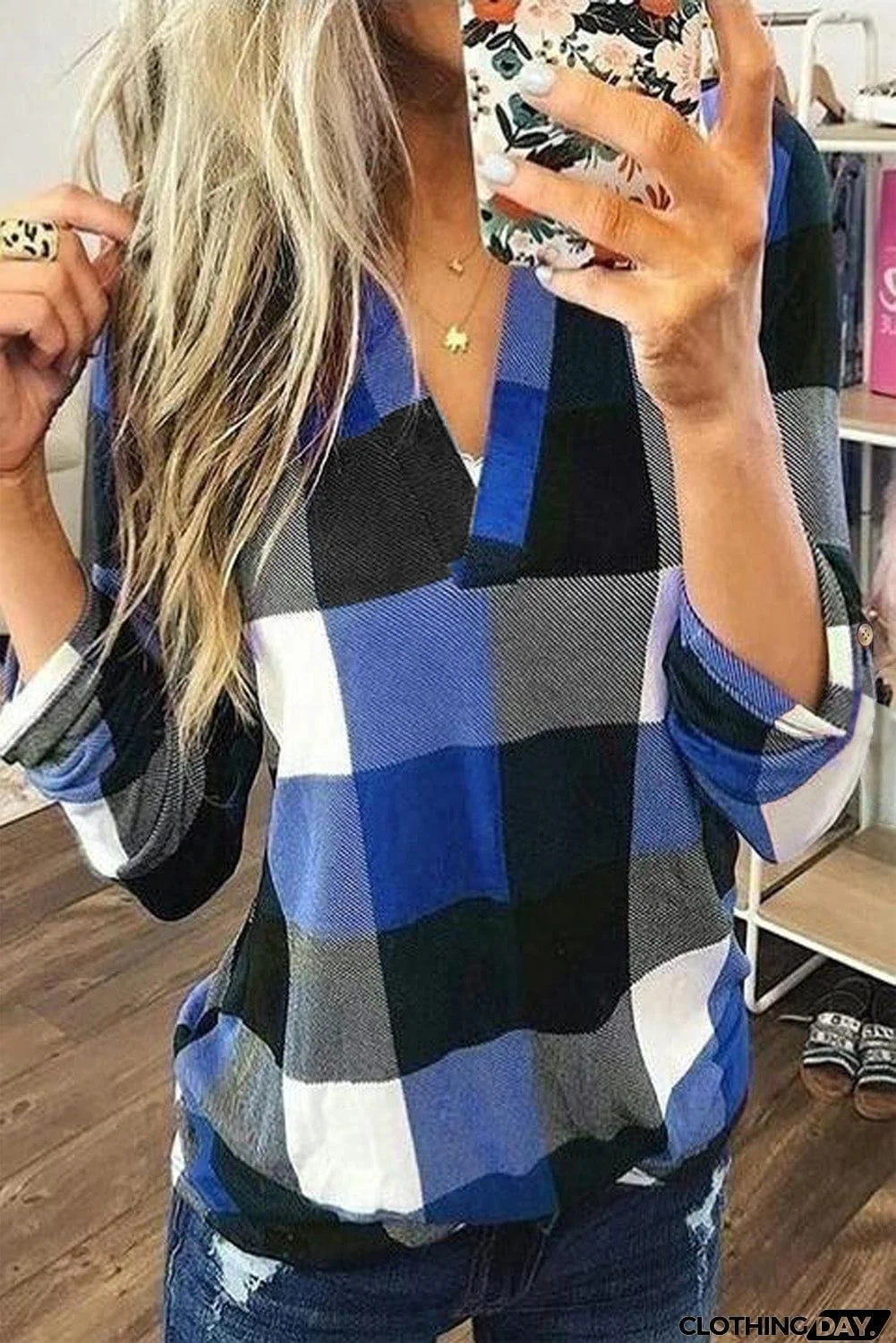 Contrast Plaid V Neck Long Sleeve Top
