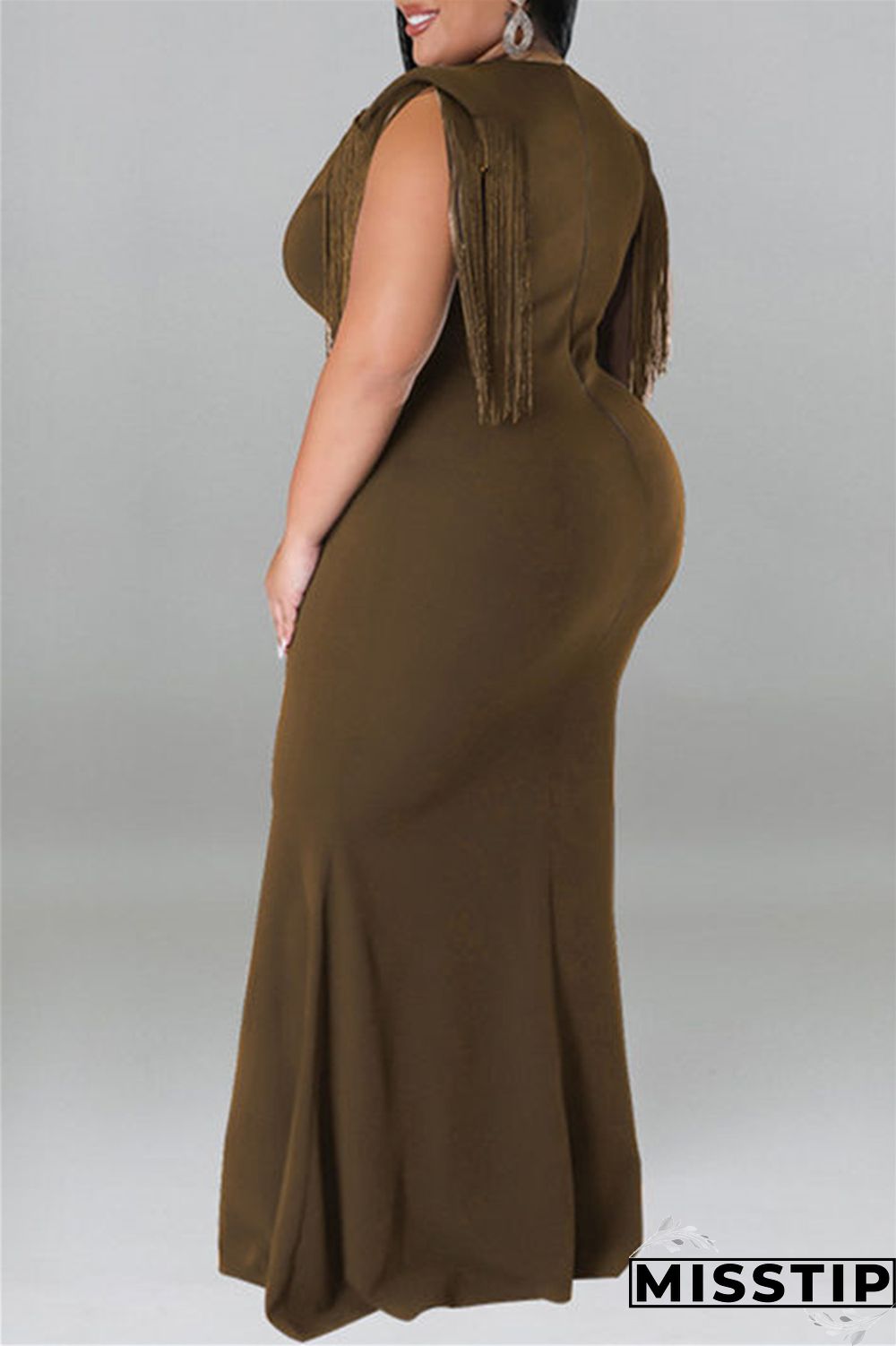 Blue Casual Plus Size Solid Tassel Patchwork V Neck Long Dress