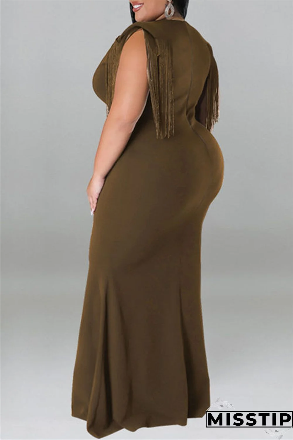 Blue Casual Plus Size Solid Tassel Patchwork V Neck Long Dress