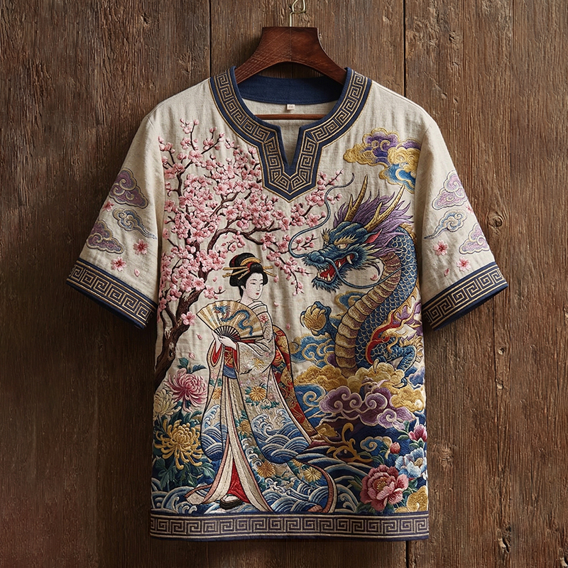 Vintage Elegant Japanese Geisha And Dragon Art Printed Short-sleeve Tops elevenforest