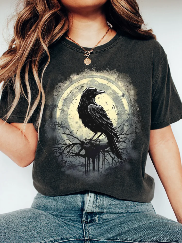 Wearshes Dark Style Crow Printed Washed Cotton T-Shirt