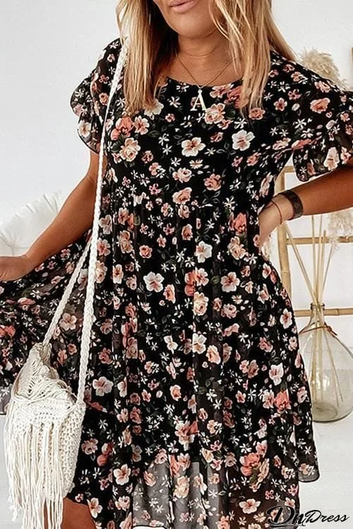 Floral Print Ruffles Midi Dress