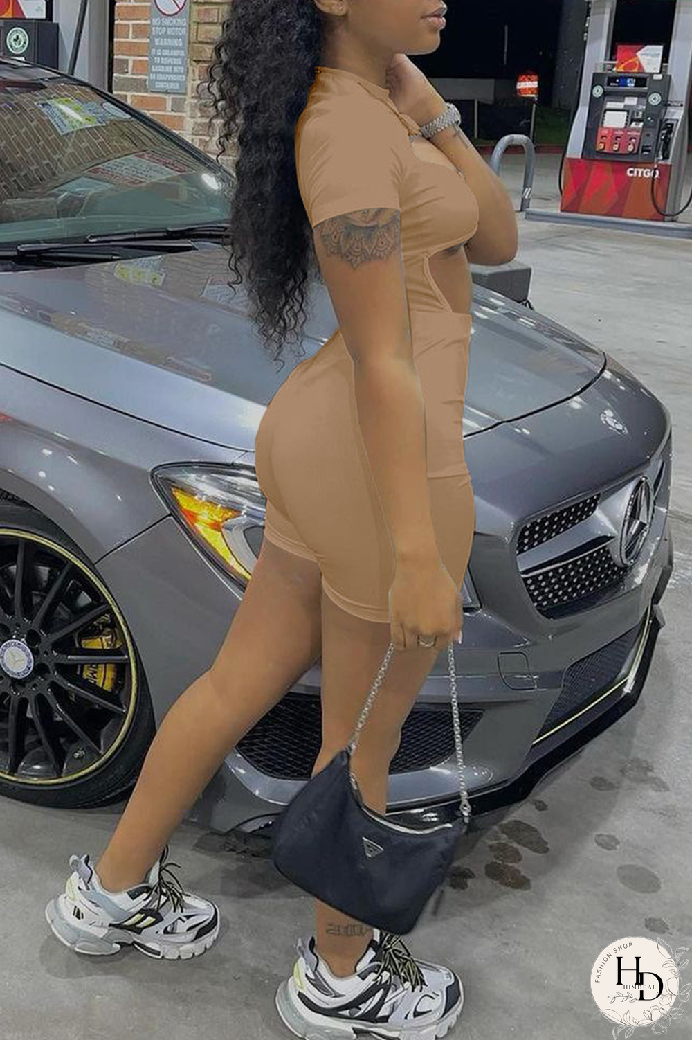 Khaki Sexy Solid Hollowed Out Half A Turtleneck Short Sleeve Two Pieces