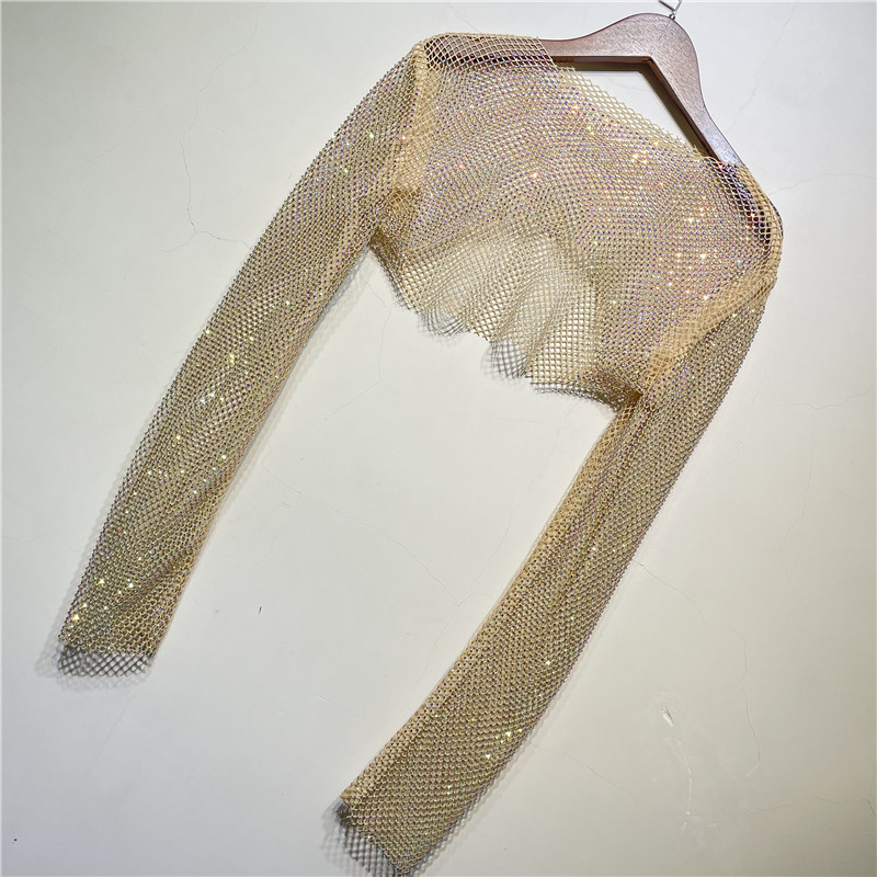 Ootddress Sparkly Crystal Crop Tops For Women Fishnet Hollow Out See Through Cropped Coat Evening Night Club Luxury Top Party Wear