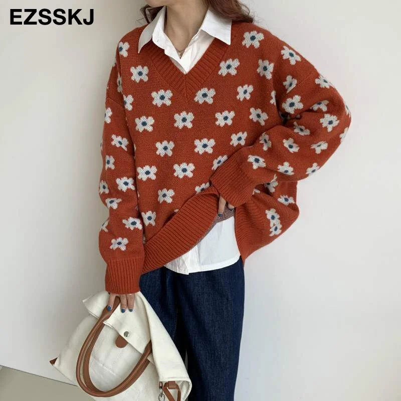 oversize blue floral Sweater Pullovers Women winter autumn thick v-neck chic 2021 sweater long sleeve sweater top